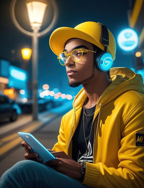 young brunette man wearing eyeglasses and yellow cap with black and blue headphones wearing a yellow