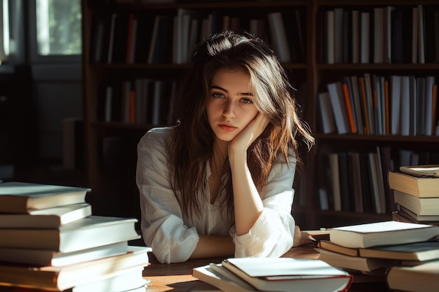 Photo young brunette student sitting at desk with books