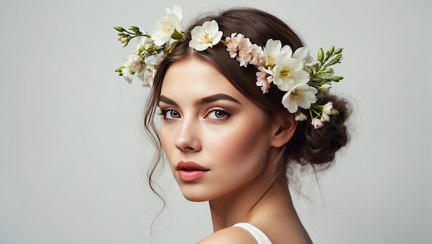 A young brunette woman with a hairstyle of spring flowers in her hair on a white solid background Feminine beauty portrait makeup hairstyle stylist feminine energy