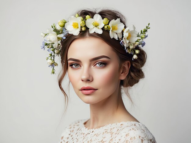 A young brunette woman with a hairstyle of spring flowers in her hair on a white solid background Feminine beauty portrait makeup hairstyle stylist feminine energy