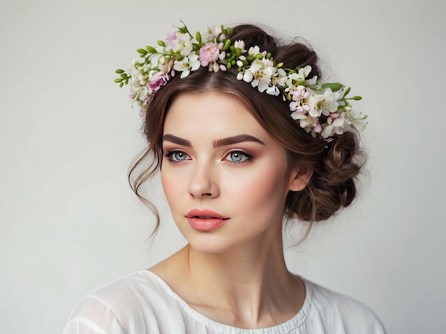 A young brunette woman with a hairstyle of spring flowers in her hair on a white solid background Feminine beauty portrait makeup hairstyle stylist feminine energy