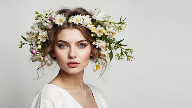 A young brunette woman with a hairstyle of spring flowers in her hair on a white solid background Feminine beauty portrait makeup hairstyle stylist feminine energy