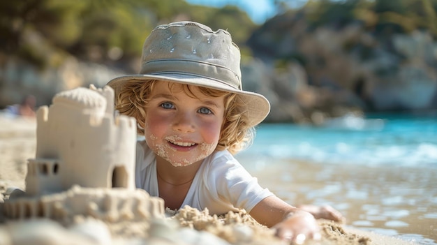 Young Builder Child Creating Sandcastle on Beach in Sunny Joyful Atmosphere Sony A7R III Photography