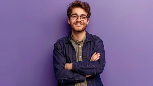 Young buisnessman wearing eyeglasses jacket and shirt holding arms crossed looking at camera with happy confident smile