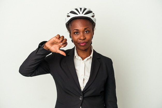 Young business african american woman wearing a bike helmet isolated on white background showing a dislike gesture, thumbs down. Disagreement concept.