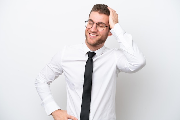 Young business caucasian man isolated on white background has realized something and intending the solution