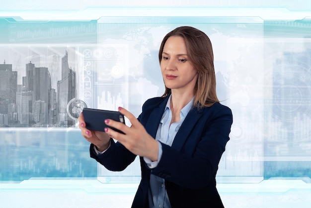 Young business lady in futuristic office global corporate concept