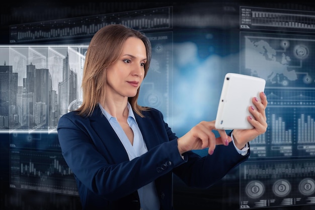 Young business lady in futuristic office global corporate concept