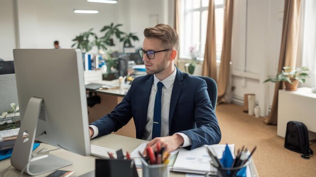 Photo young business man in costume working in an office accountant