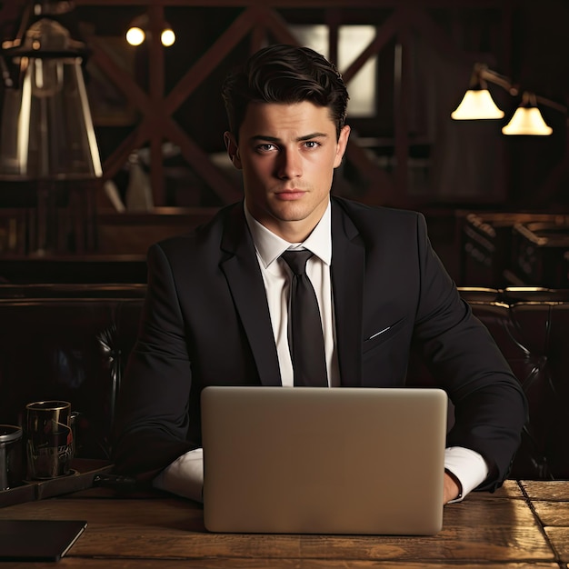 Young business man using laptop on office with suite and tie looking at camera