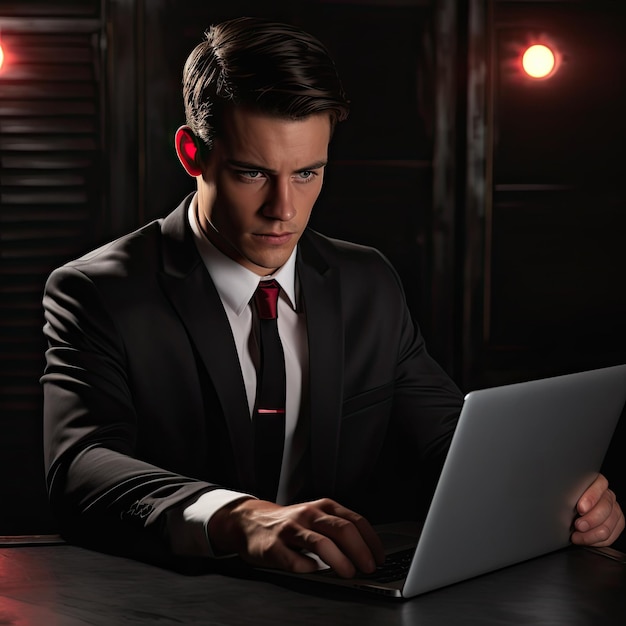 Young business man using laptop on office with suite and tie looking at camera