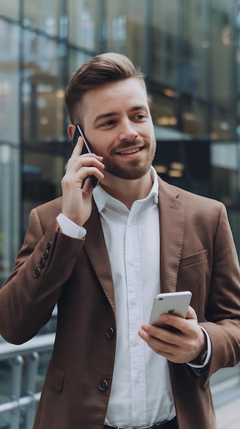 A young business man with a beard is talking on a smartphone