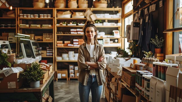 Photo young business owner standing proudly in their new store