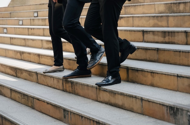 young business people team walking fast down stairs going to work time