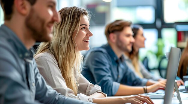 Photo young business team collaborating on a desktop computer in modern office with copy space