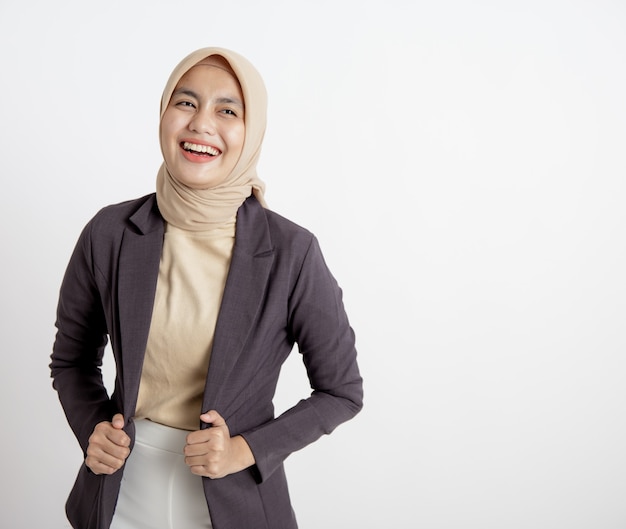 Young business woman cheerful ready to work, hand holding suits office work concept isolated white background