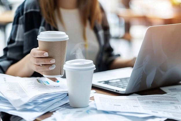 Photo young business woman drinks coffee and works behind laptop with papers