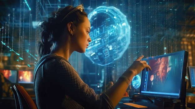 young business woman is watching hologram screens Business technology