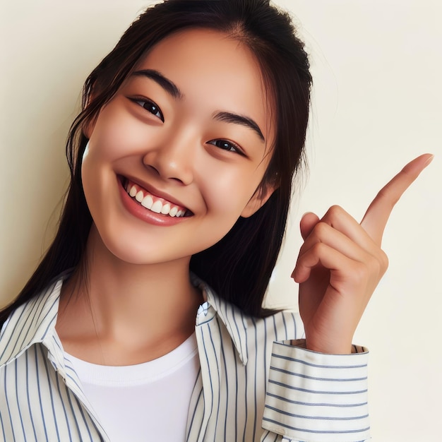 Young business woman pointing finger to the side