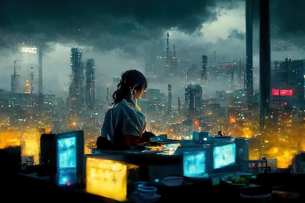 Young business woman working alone in dark office with panoramic windows and skyscraper building and city view