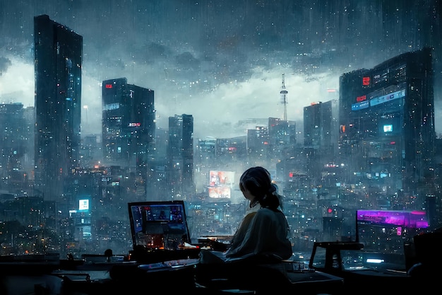 Young business woman working alone in dark office with panoramic windows and skyscraper building and city view