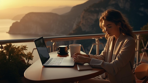 Photo young business woman working computer cafe