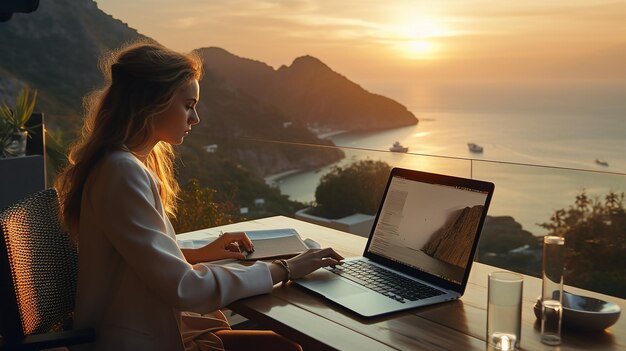 Photo young business woman working computer cafe