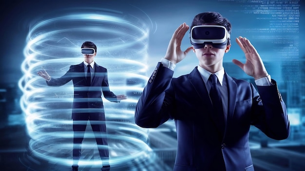 Young businessman in black suit wearing virtual reality goggles