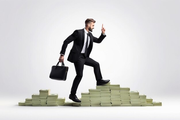 The young businessman in black suite is walking on stack of big banknote like up stair