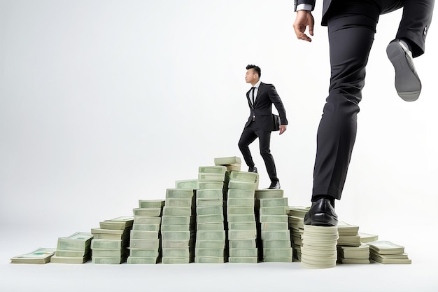 The young businessman in black suite is walking on stack of big banknote like up stair