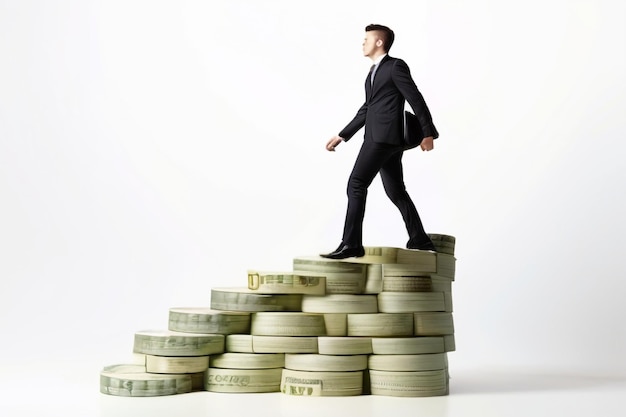 The young businessman in black suite is walking on stack of big banknote like up stair