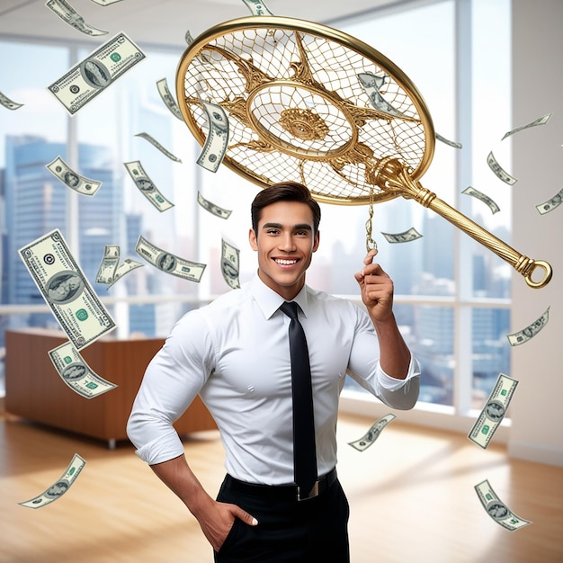 Photo young businessman catching dollars with landing net