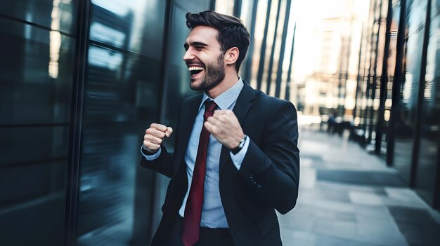 Photo young businessman celebrating with a smile and clenched fists in an urban setting