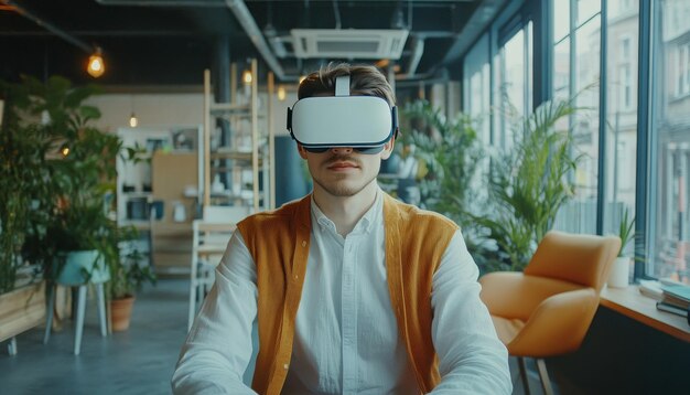 Young businessman engaged in virtual meeting using vr glasses in modern startup office setting