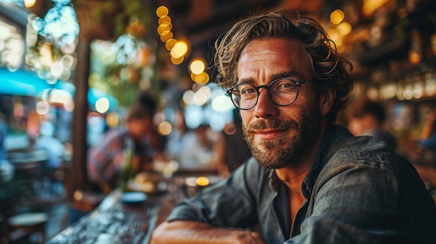 A young businessman in glasses smiling at the camera