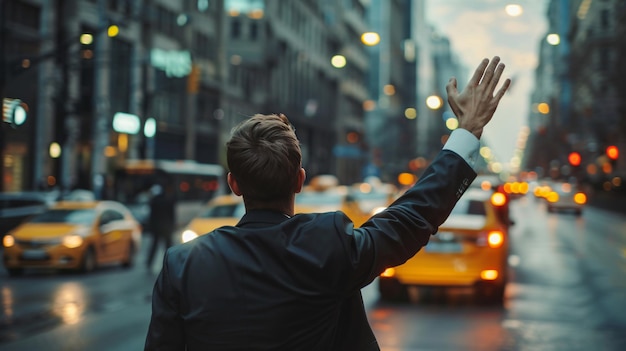 Photo young businessman hailing for a taxi