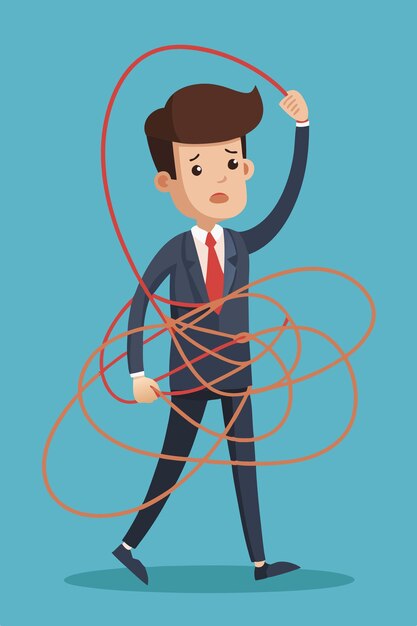 Young businessman holding the end of a tangled rope