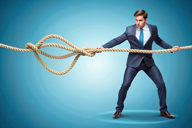 Young businessman holds the end of a very tangled rope