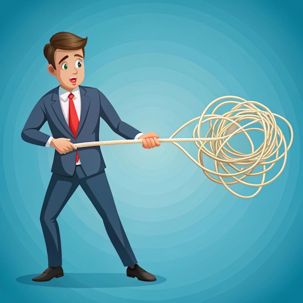 Young businessman holds the end of a very tangled rope