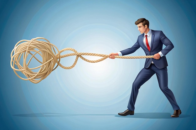 Photo young businessman holds the end of a very tangled rope