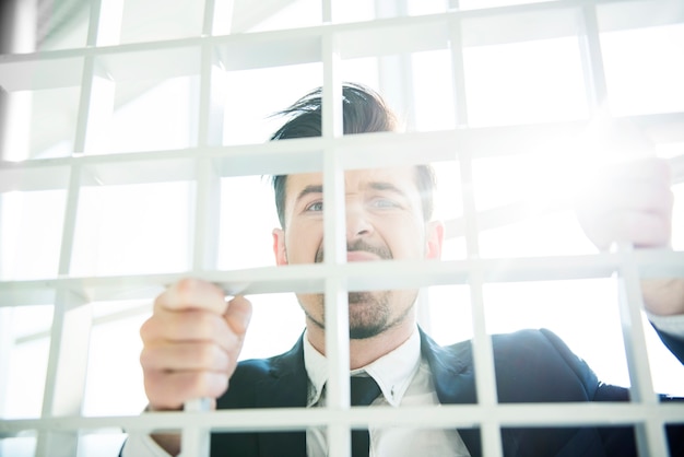 Young businessman is looking at camera through grid.