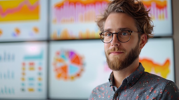 Young Businessman Looking Confidently at Camera With Data Visualization on Screens Behind Him