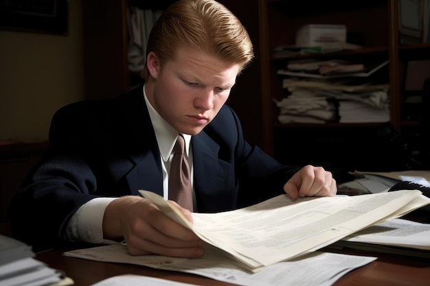 A young businessman looking over some paperwork at his computer created with generative ai