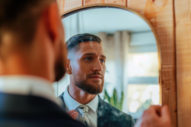 Photo young businessman motivates himself in front of a mirror portrait of an elegant man in a suit prepar