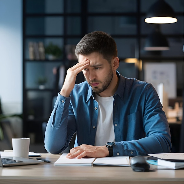 Young businessman overwhelmed by stress in modern office