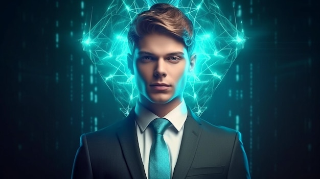 Young businessman portrait with generative AI shimmering polygonal brain