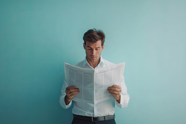 Young businessman reading newspaper