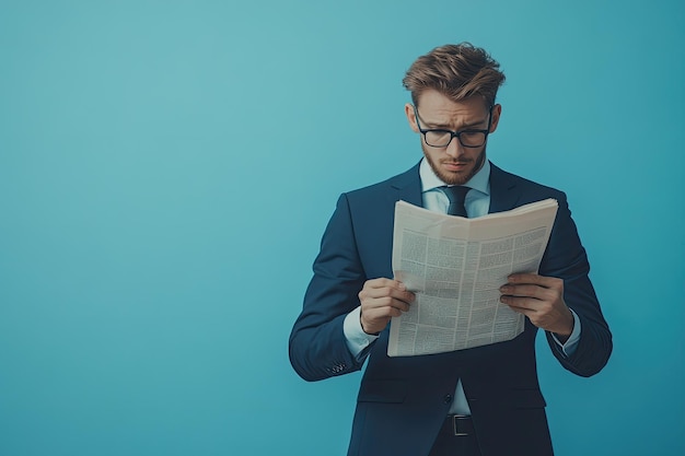 Young businessman reading newspaper