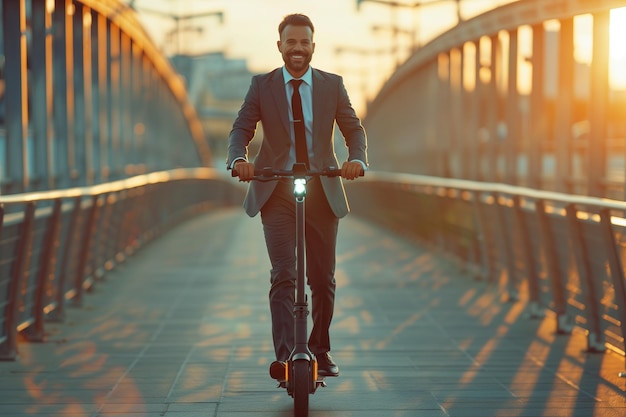 Young businessman rides an electric scooter to go to work in the city