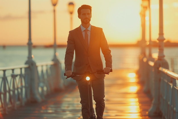 Young businessman rides an electric scooter to go to work in the city